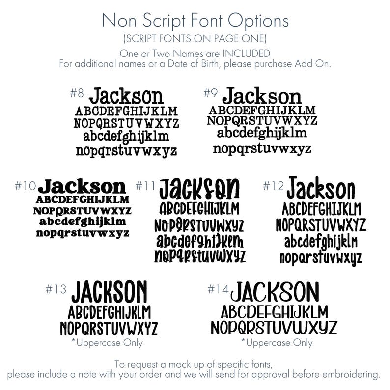 K&ouml;nnte beinhalten: Eine wei&szlig;e Seite zeigt Nicht-Script-Schriftoptionen zur Personalisierung. Der Text enth&auml;lt den Namen "Jackson" in verschiedenen Schriftarten sowie Gro&szlig;- und Kleinbuchstaben. Zus&auml;tzlicher Text erkl&auml;rt die Optionen.