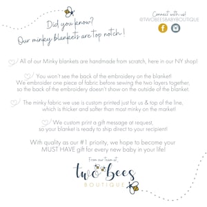 May include: Text graphic with a white background and black text. The text reads "Did you know? Our minky blankets are top notch!" and "All of our Minky blankets are handmade from scratch, here in our NY shop!"  The text continues with details about the blankets, including the fact that they are custom printed and made with high-quality materials. The graphic also includes the company's name and social media handles.