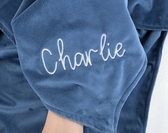 Personalized Blue Baby Blanket - Plush Minky Blanket with Embroidered Name - Solid Blue with White Embroidered Chain Stitch - 28"x36"