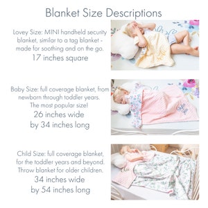 May include: Three different sizes of baby blankets are shown with a child sleeping on each blanket. The smallest blanket is 17 inches square, the medium blanket is 26 inches wide by 34 inches long, and the largest blanket is 34 inches wide by 54 inches long.