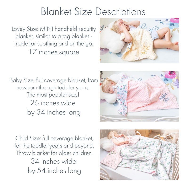 May include: Image showing three blanket sizes: Lovey (17 inches square), Baby (26 inches wide by 34 inches long), and Child (34 inches wide by 54 inches long). Each size is displayed with a child using the blanket. The text "Blanket Size Descriptions" is at the top.