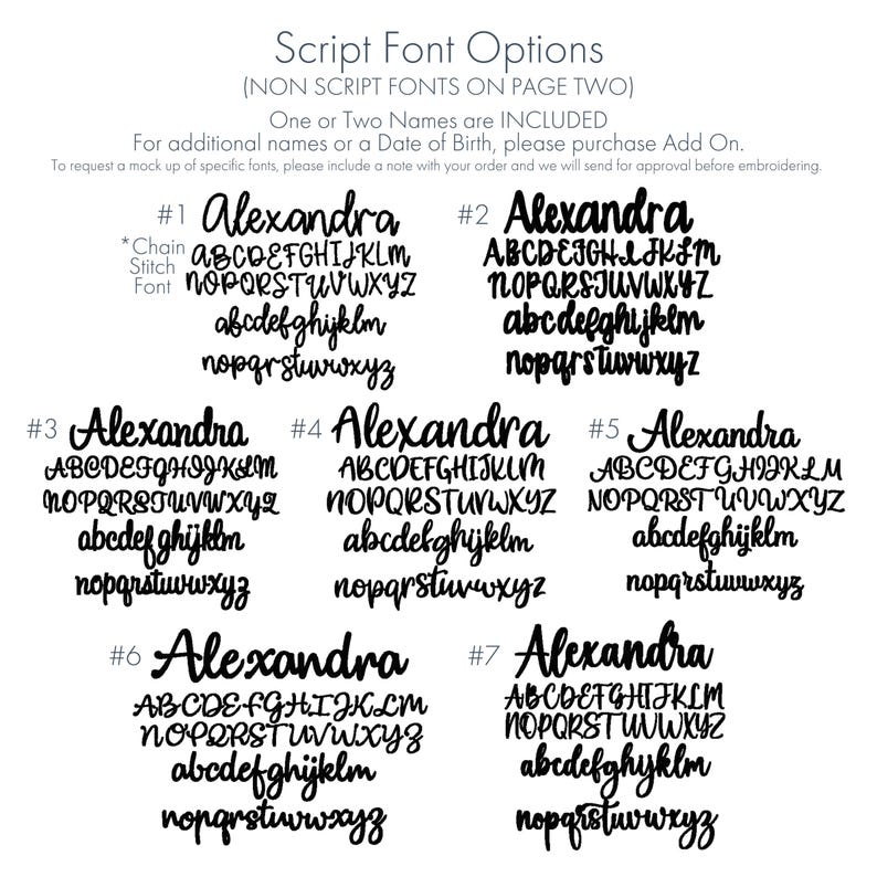 May include: A white background displays seven script font options for personalization. Each font showcases the uppercase and lowercase alphabet, along with the name "Alexandra" in the chosen style. Text at the top explains the font options.