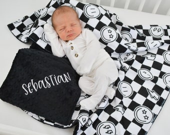 Checkered Blanket - Personalized Minky Blanket - Preppy Smiley Face Print - Big Kid Blanket - Baby Blanket with Name - Lovey Blanket