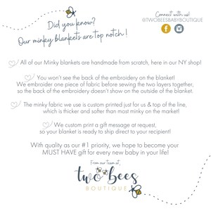 May include: White background with text about minky blankets. The text says "Did you know? Our minky blankets are top notch!" and details about the blankets. The logo for Two Bees Boutique is at the bottom.