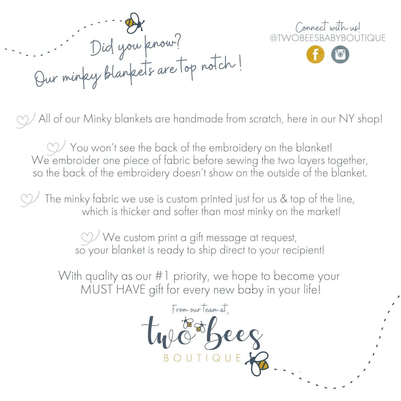 May include: White background with text about minky blankets. The text says "Did you know? Our minky blankets are top notch!" and details about the blankets. The logo for Two Bees Boutique is at the bottom.