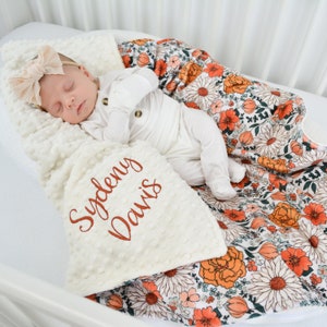 Minky Baby Blanket, Personalized Baby Blanket Girl, Boho Floral Blanket, Baby Shower Gift, Newborn Gift