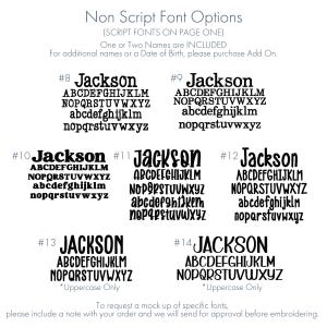 May include: A chart of 14 different font options for the name "Jackson" in uppercase and lowercase letters. The fonts are numbered 8 through 14. The chart is for embroidery and includes a note to request a mock-up of specific fonts.
