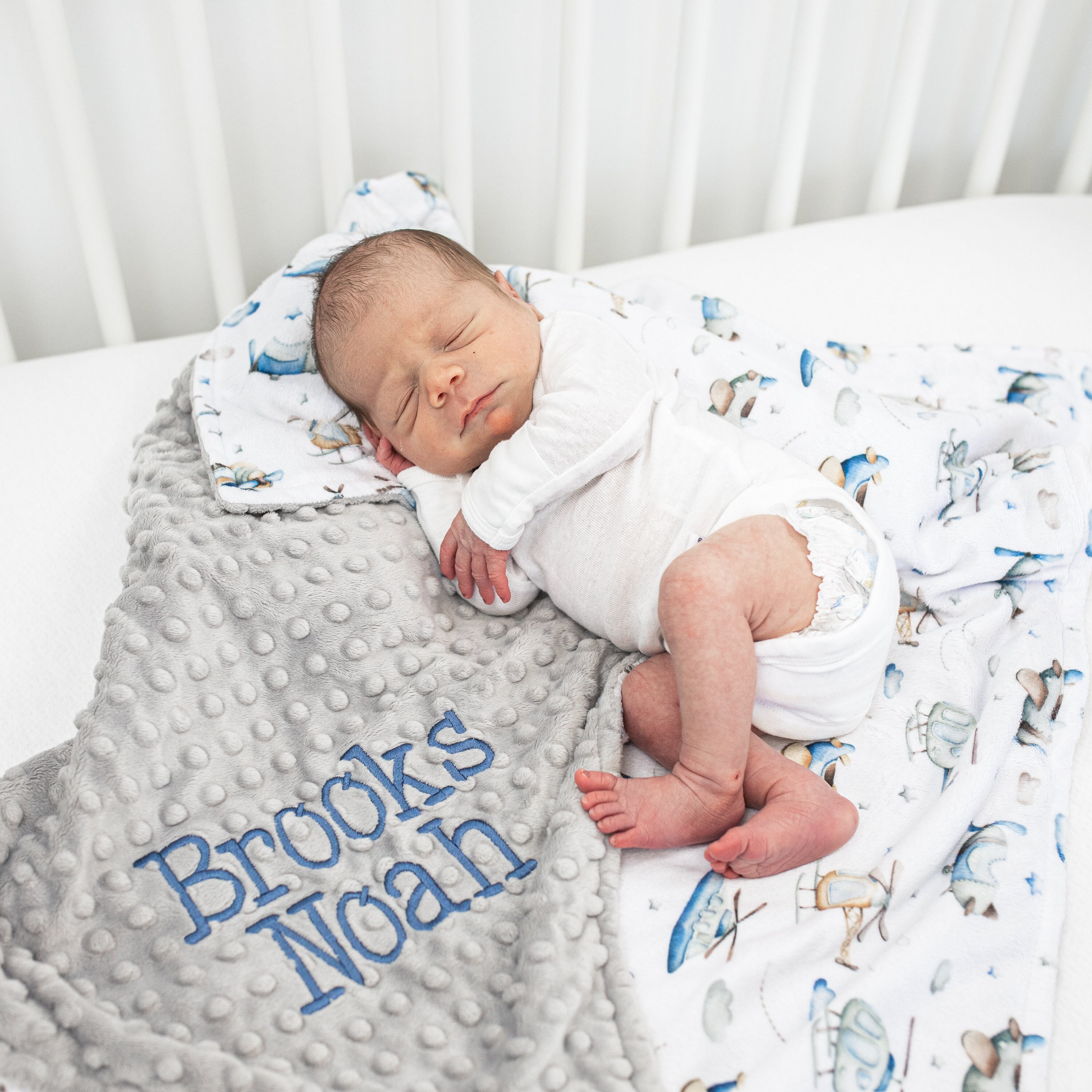 Handmade Crochet Baby Blanket for Boy Blue, Brown, White 