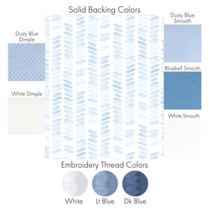 May include: Image showcasing fabric options with solid backing colors in dusty blue and white, with dimple and smooth textures. Embroidery thread colors include white, light blue, and dark blue. The background features a blue watercolor pattern.
