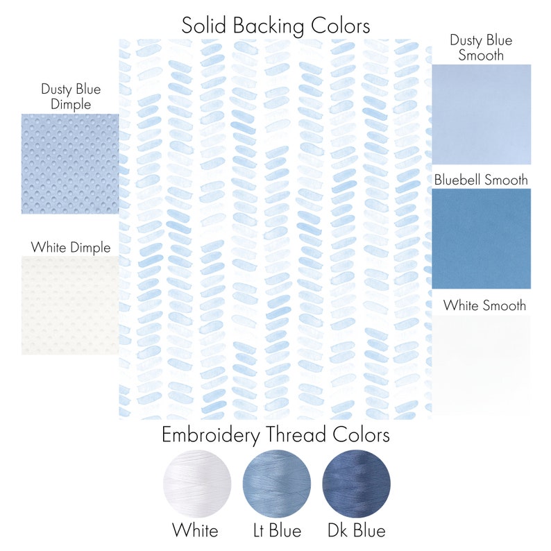 May include: Image showcasing fabric options with solid backing colors in dusty blue and white, with dimple and smooth textures. Embroidery thread colors include white, light blue, and dark blue. The background features a blue watercolor pattern.