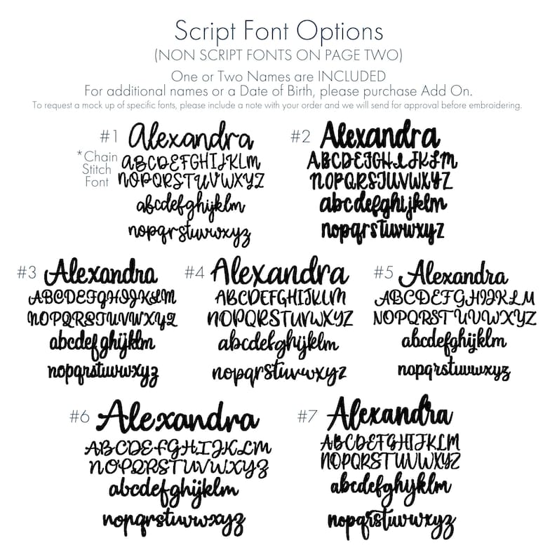 K&ouml;nnte beinhalten: Auf wei&szlig;em Hintergrund werden sieben Schriftoptionen pr&auml;sentiert. Jede Schriftart zeigt das Alphabet in Gro&szlig;- und Kleinbuchstaben sowie den Namen "Alexandra". Der Text oben lautet "Schriftartoptionen".
