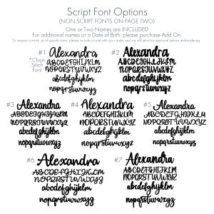 May include: Seven different script font options for the name Alexandra, with each font displayed in uppercase and lowercase letters. The fonts are numbered 1 through 7.  *Chain Stitch Font* is listed as an option.