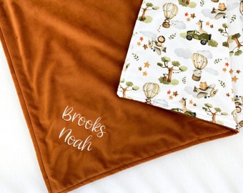Personalized Minky Baby Blanket: Embroidered Name, Safari Print
