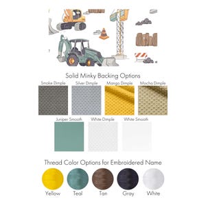 May include: A chart displaying various fabric backing choices for a personalised blanket. The options include Smoke Dimple, Silver Dimple, Mango Dimple, Mocha Dimple, Juniper Smooth, White Dimple, and White Smooth. The chart also shows thread colour options for embroidered names, including Yellow, Teal, Tan, Gray, and White.