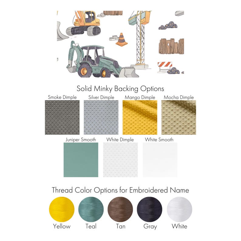 May include: A chart displaying various fabric backing choices for a personalised blanket. The options include Smoke Dimple, Silver Dimple, Mango Dimple, Mocha Dimple, Juniper Smooth, White Dimple, and White Smooth. The chart also shows thread colour options for embroidered names, including Yellow, Teal, Tan, Gray, and White.