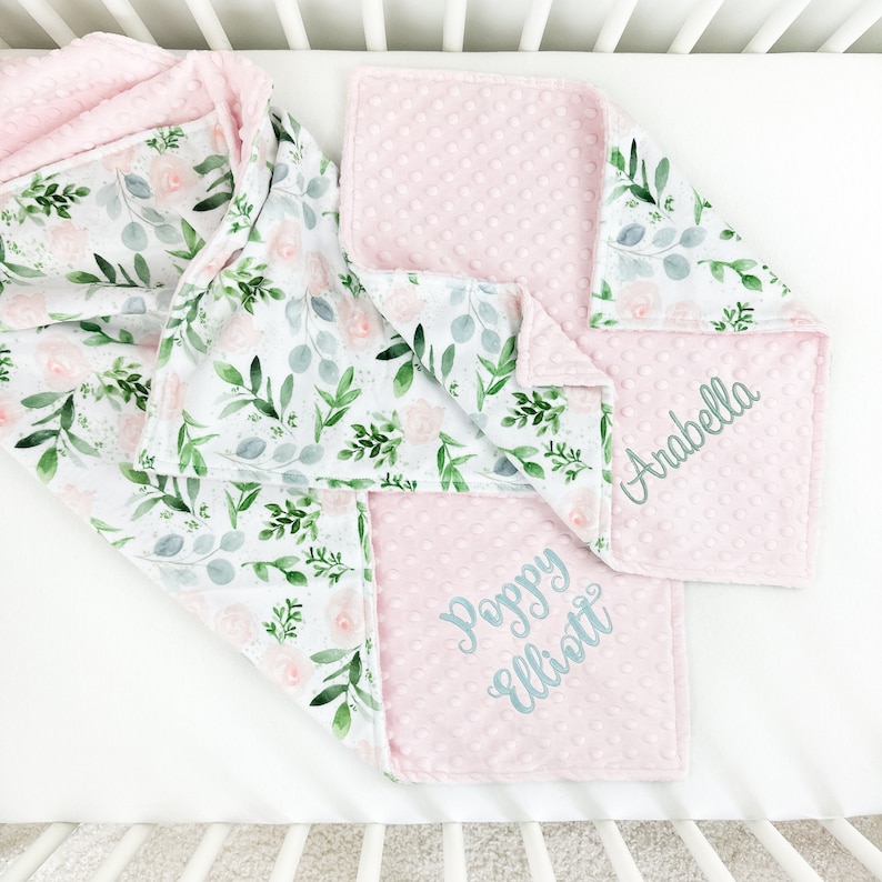 Floral Baby Blanket with Monogram Baby Girl Minky Blanket Baby Shower Gift Personalized Blanket for New Baby image 1