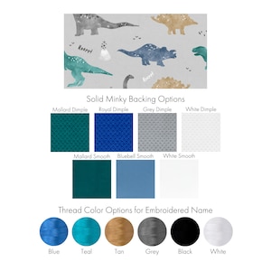 May include: A chart showing different minky backing options for a dinosaur fabric. The options include Mallard Dimple, Royal Dimple, Grey Dimple, White Dimple, Mallard Smooth, Bluebell Smooth, and White Smooth. The chart also shows thread color options for embroidered names, including blue, teal, tan, grey, black, and white.