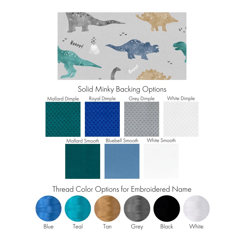 May include: A chart showing different minky backing options for a dinosaur fabric. The options include Mallard Dimple, Royal Dimple, Grey Dimple, White Dimple, Mallard Smooth, Bluebell Smooth, and White Smooth. The chart also shows thread color options for embroidered names, including blue, teal, tan, grey, black, and white.