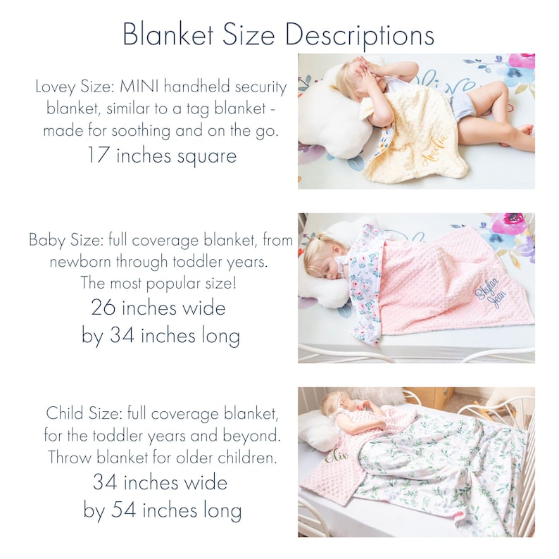 May include: Three different sizes of baby blankets are shown with a child sleeping on each blanket. The blankets are white with a floral pattern and have a pink or yellow minky backing. The text on the image describes the size of each blanket in inches. The smallest blanket is 17 inches square, the medium blanket is 26 inches wide by 34 inches long, and the largest blanket is 34 inches wide by 54 inches long.