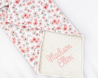 Personalized Baby Girl Blanket: Pink Floral Minky, Embroidered Name
