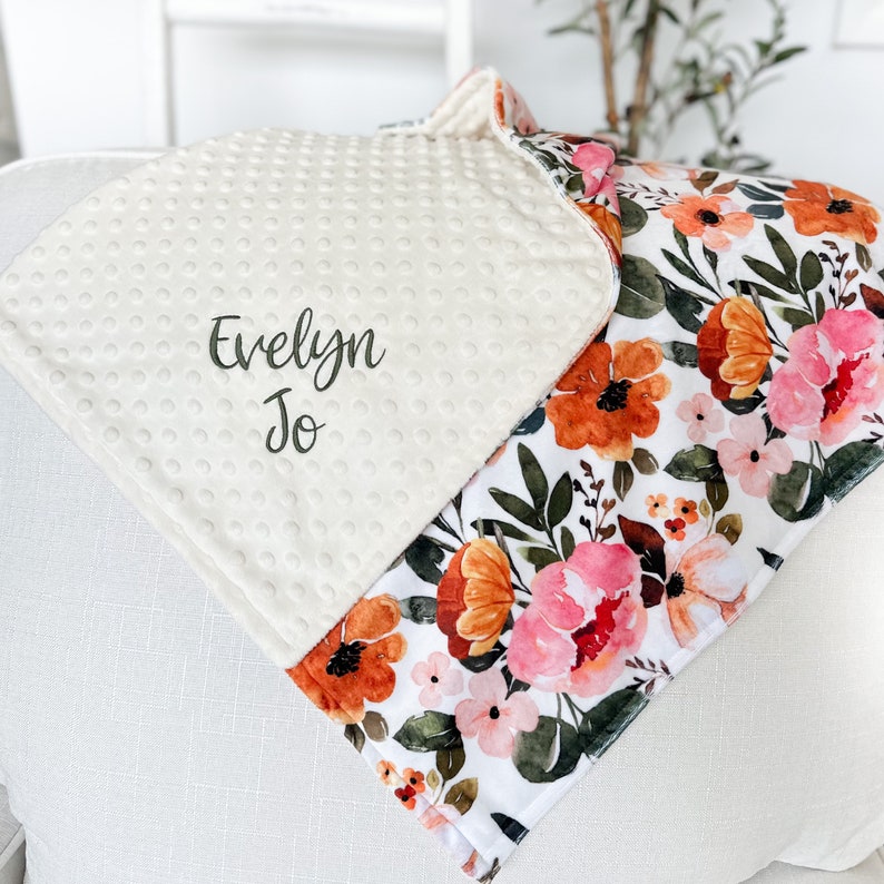 Minky Baby Blanket, Personalized Baby Blanket Girl, Boho Floral Blanket, Baby Shower Gift, Newborn Gift image 2