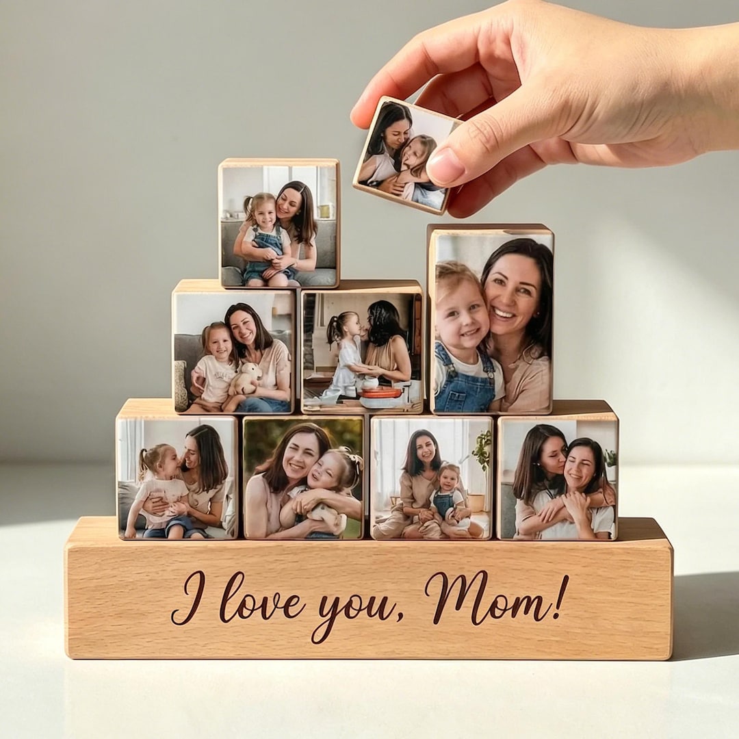 Personalized Wooden Photo Blocks With Base, Custom Photo Block Collage ...