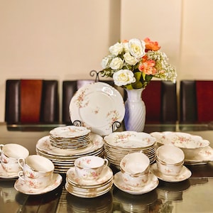 Warwick China Service, 48 pc Set, Antique Old Abbey set, Pink Roses Green Leaves Gold Daubs Scallop Edge, Vintage Porcelain Dinnerware Set