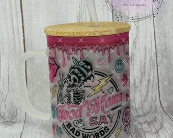 Adult Humor, 16oz Frosted Cup With Handle, Sublimation, Gift, Mothers Day Gift, Gifts for Her, Glass Tumbler, Iced Coffee, Coffee Cup