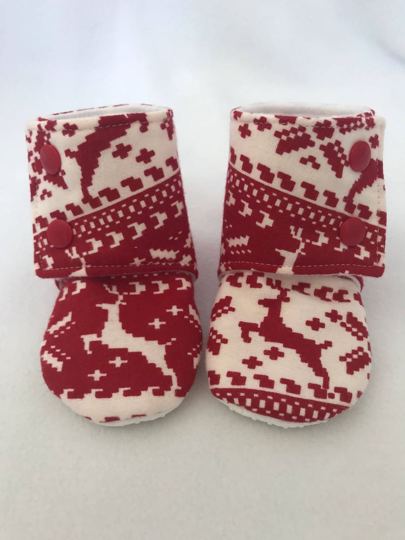 Reindeer Stay on Booties, Baby slippers, Crib Shoe, Soft Sole, Baby, Toddler, Girl, Non Slip, Christmas, Holiday, Flannel image 1
