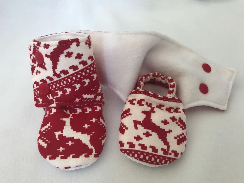 Reindeer Stay on Booties, Baby slippers, Crib Shoe, Soft Sole, Baby, Toddler, Girl, Non Slip, Christmas, Holiday, Flannel image 2