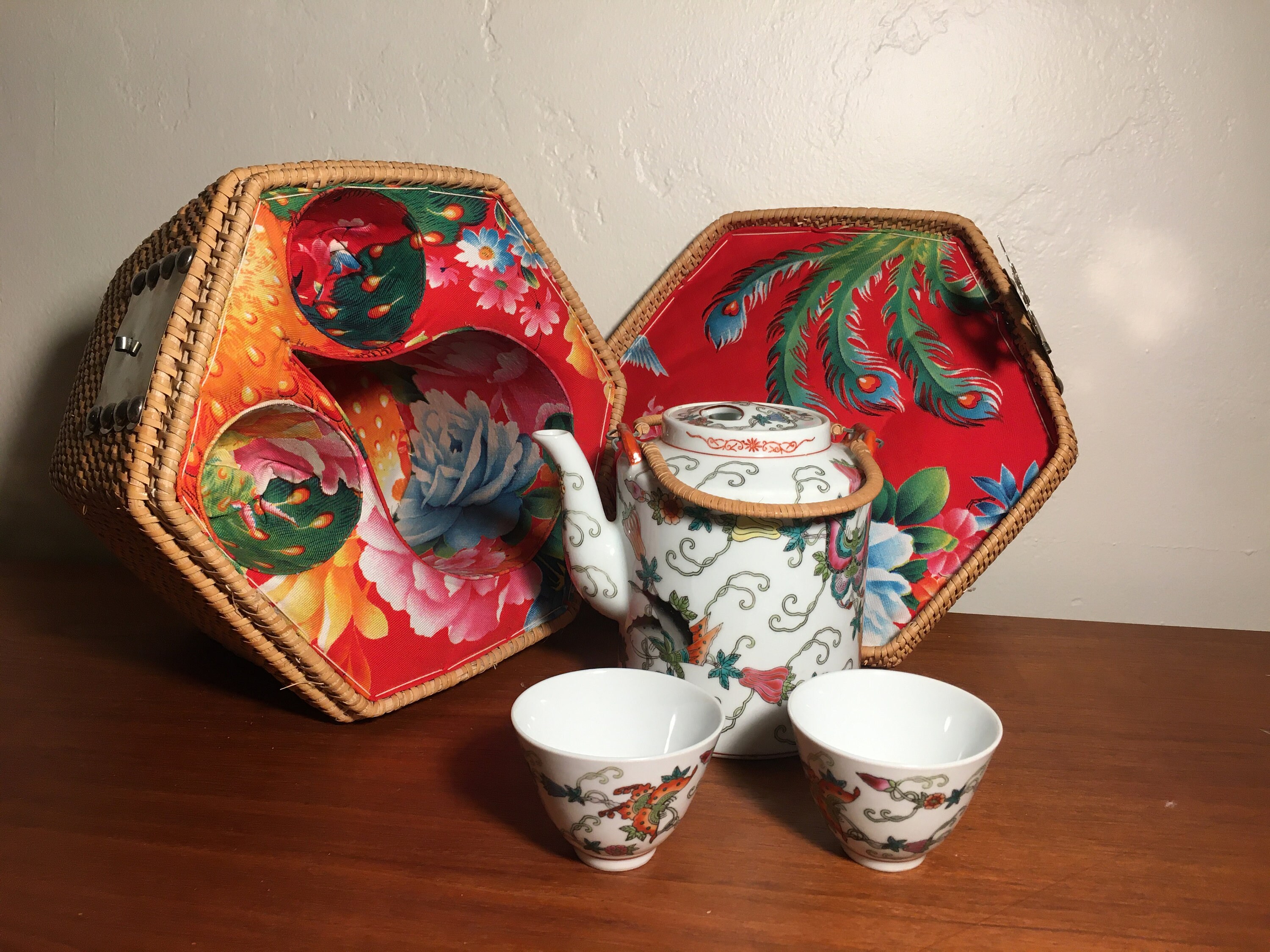 Vintage turquoise Chinese teapot in basket with two matching Etsy