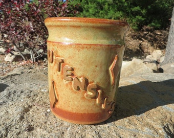Stoneware Pottery Utensil Holder, Utensil Crock, Kitchen Storage, Spoon Holder
