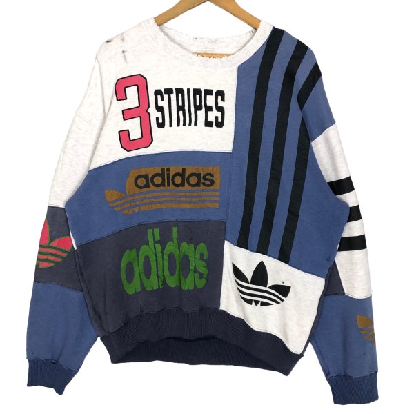 Vintage 90s Adidas Original Crewneck sudadera con estampado completo gran logotipo suéter ropa deportiva desgastada ropa de calle de gran tamaño tamaño L