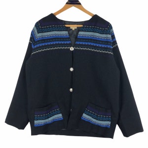 Puede incluir: Cárdigan negro con cuello en V y tres botones plateados. El cárdigan presenta un diseño estampado en tonos azules y grises en los hombros y bolsillos. La prenda se exhibe en una percha de madera.