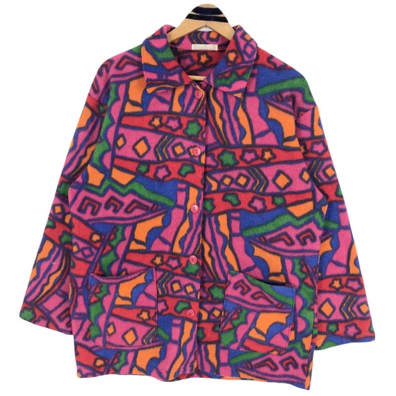 stuffofnatureandarts Vintage Woldmasser Fleece Sweater Night Wear Sweatshirt Button Up Abstract Pattern Oversized Size L