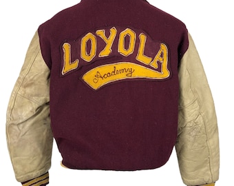 Vintage 40s 50s Loyola Academy College Wool Varsity Jacket Leather Logan Knitting Mills Full Zip Big Logo Embroidery Streetwear Size L-XL