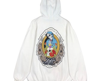 Joker Brand Mary Art Hoodie Zip Up Sweatshirt Big Logo Embroidery Spell Out Day Of The Dead Skulls Skeletons Streetwear Size XL