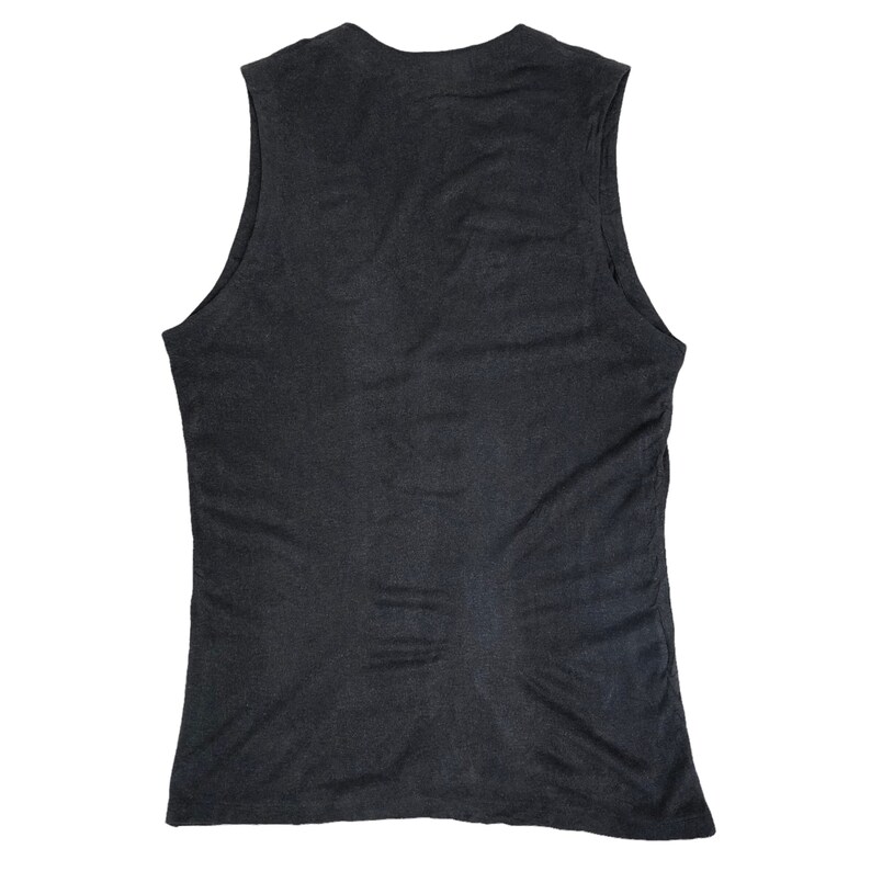 May include: A dark gray sleeveless tank top. The tank top has a scoop neck and a fitted silhouette. The fabric appears to be a soft, lightweight material. The garment is displayed against a white background.
