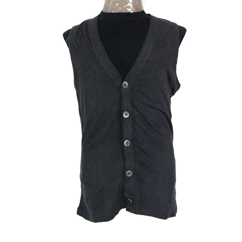 May include: A dark gray, sleeveless vest with a V-neck and button-up front. The vest has six buttons and is displayed on a black mannequin. The fabric appears to be a soft, woven material.