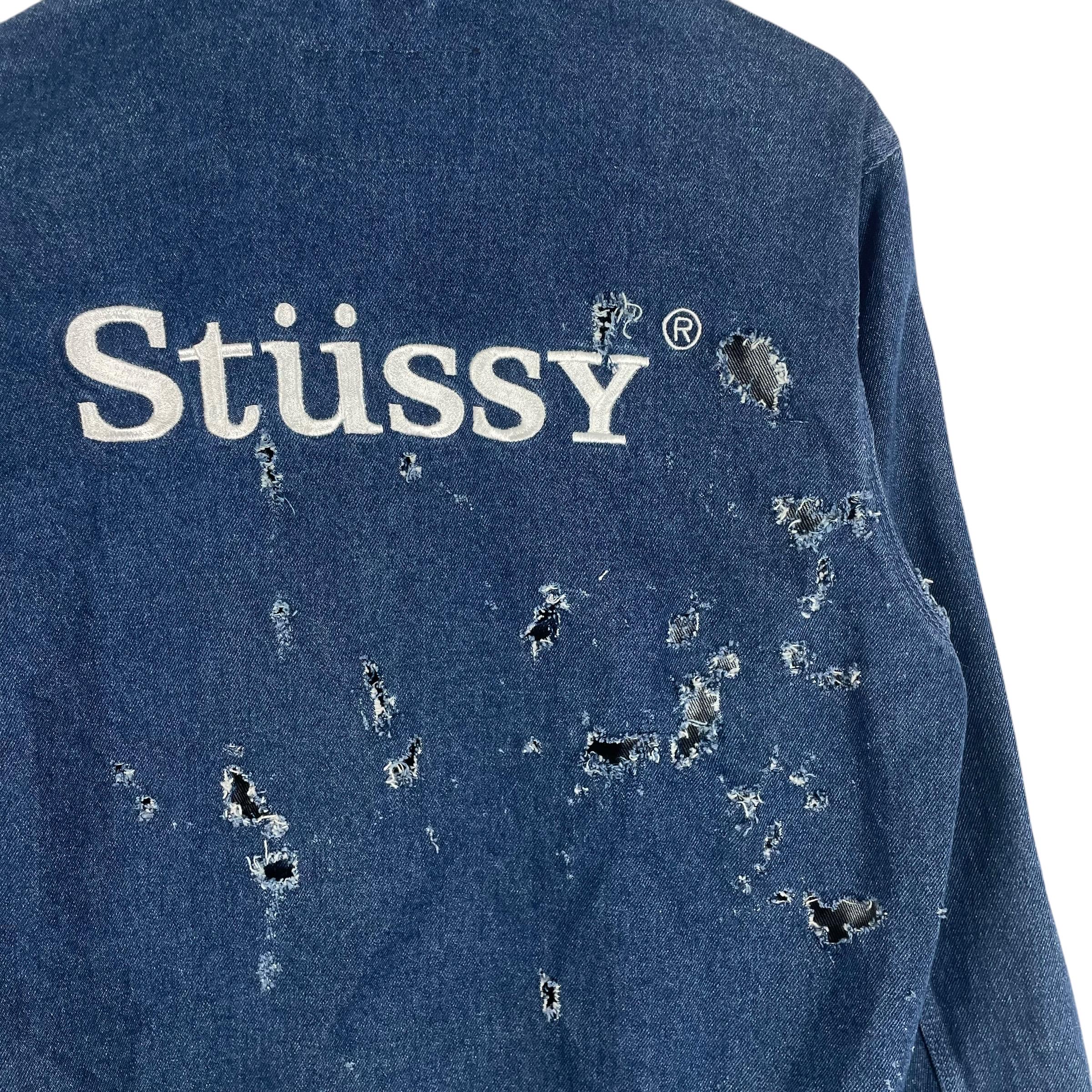 Vintage Stussy Denim Hooded Jacket: Distressed Embroidered Logo