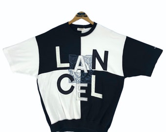 Vintage Lancel Paris Crewneck Short Sleeve Sweatshirt Pullover Big Logo Oversized Embossed Embroidery French Designer Streetwear Size L