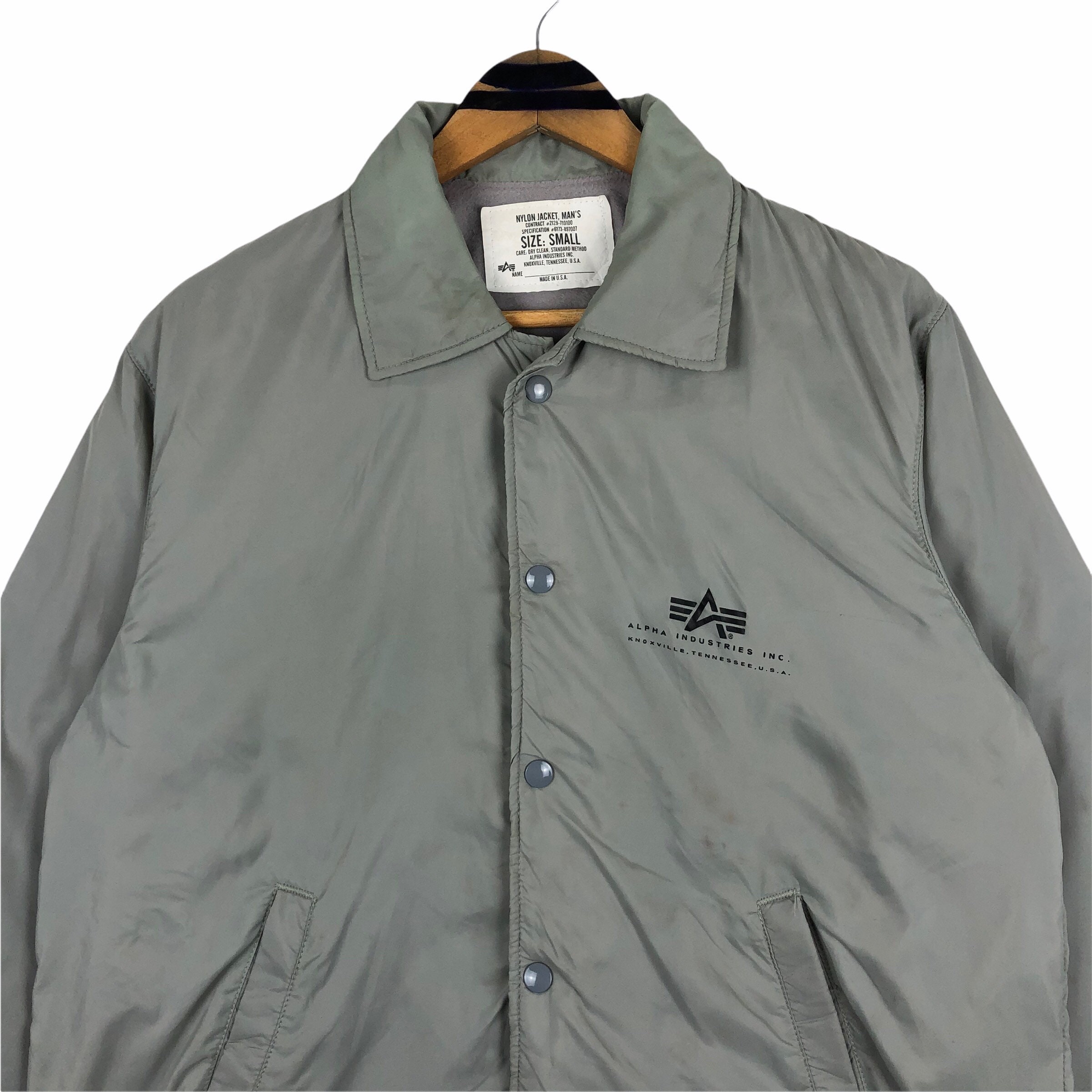 Vintage Alpha Industries Coach Jacket: Nylon Button Up, Military 