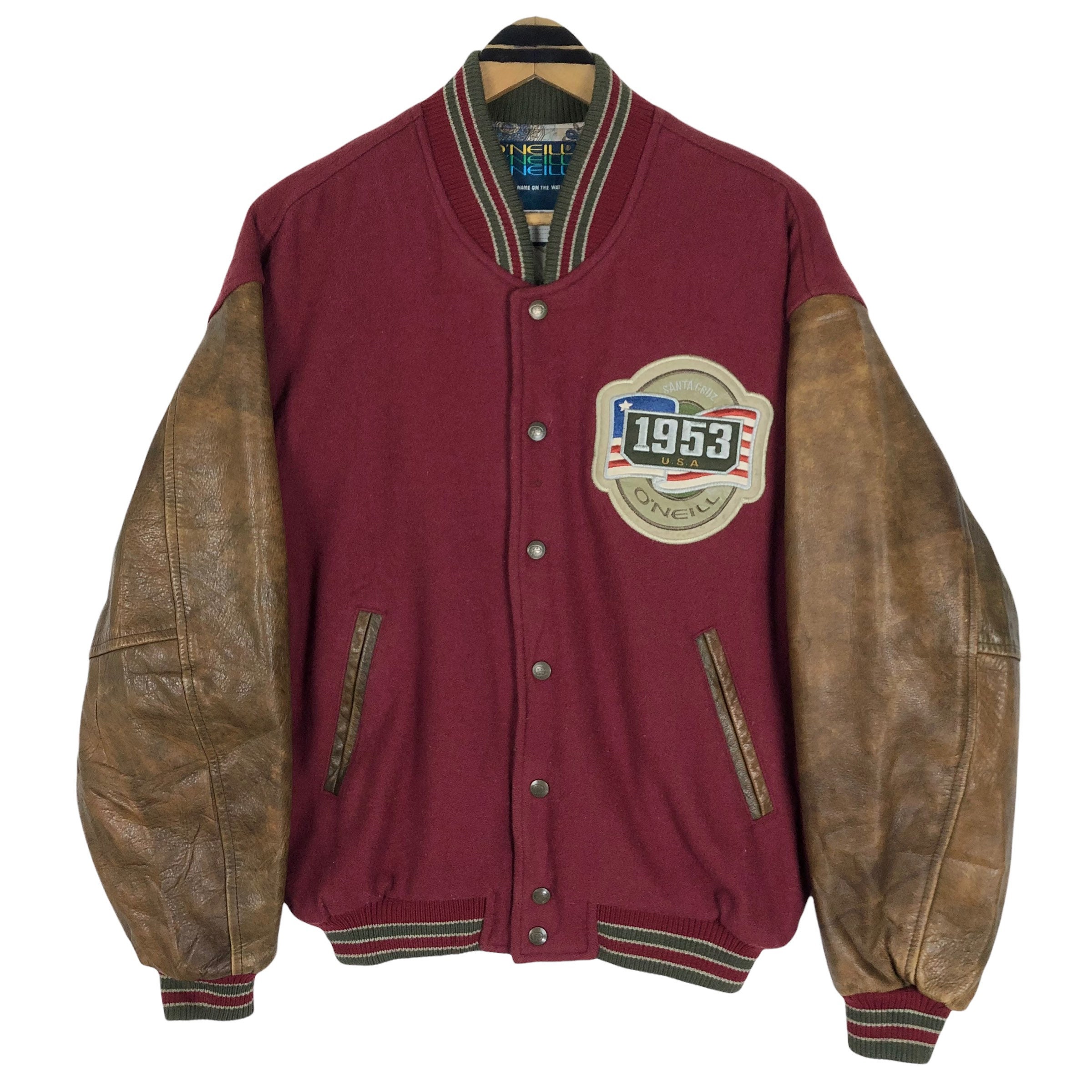 Vintage 90s O'neill Wool Varsity Jacket Leather Sleeves Big Vintage 90s O'neill Wool Varsity Jacket Leather Sleeves Big