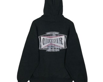 May include: Black hooded sweatshirt with the Quiksilver logo on the back. The logo is in a rectangular design with the brand name in silver and red. The sweatshirt has a drawstring hood and long sleeves.