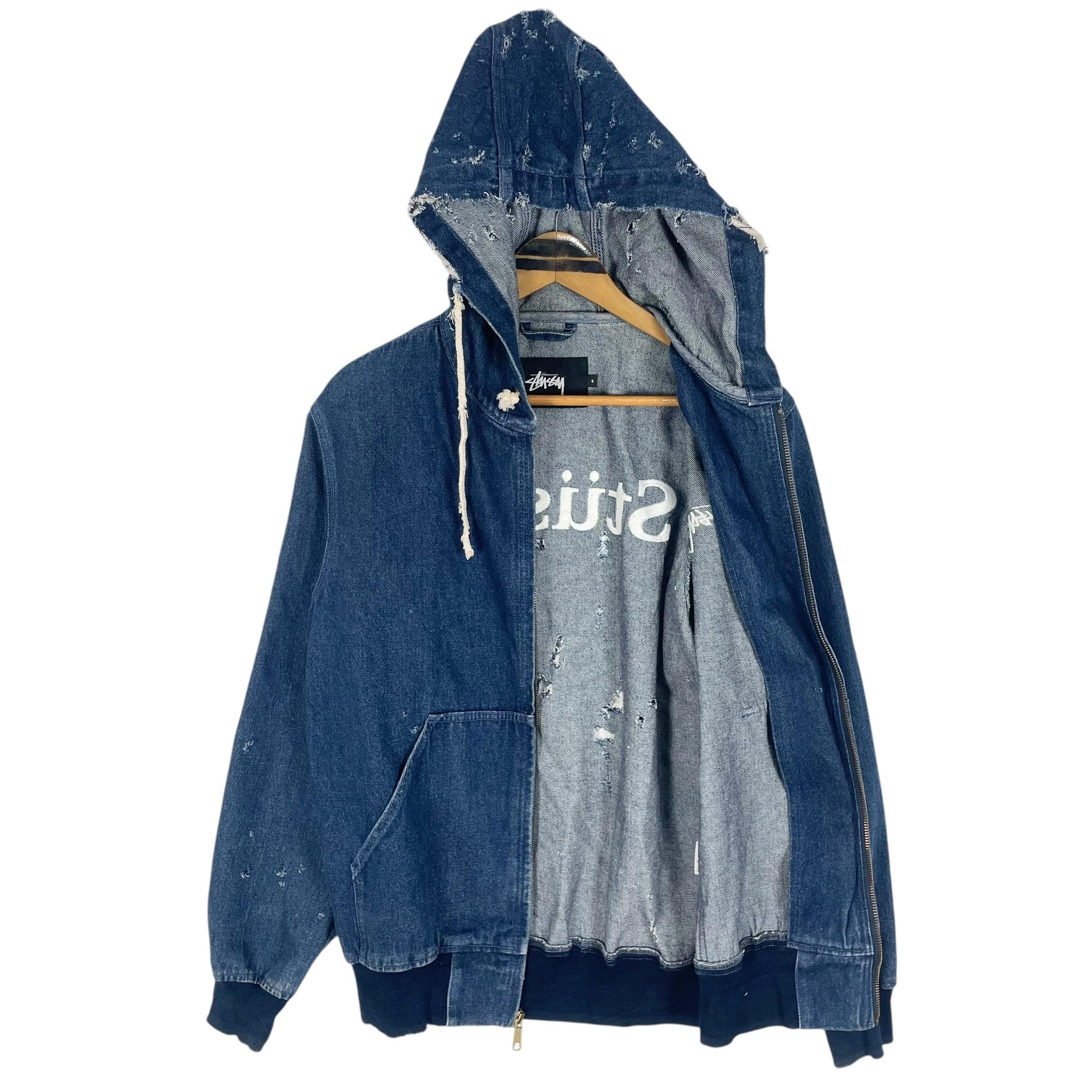 Vintage Stussy Denim Hooded Jacket: Distressed Embroidered Logo 