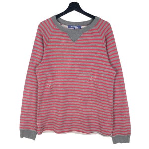 May include: A gray and red striped long-sleeve sweatshirt with a V-neck collar. The sweatshirt has a distressed look with small holes. The cuffs and neckline are gray. The sweatshirt is hanging on a black hanger.