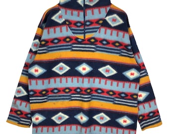 Vintage Mock Neck Navajo Pattern Fleece Sweater Quarter Zipped Sweatshirt Pullover Tribe Streetwear Size L