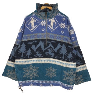 Chaqueta de lana de cuello alto L.L. Bean vintage de los años 90. Chaqueta ligera LL Bean con estampado de copos de nieve, estilo nativo Navajo, con media cremallera, talla L-XL.