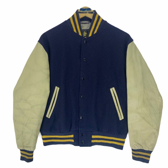 Vintage 90s Golden Bear Wool Leather Varsity Jacket Button Vintage 90s Golden Bear Wool Leather Varsity Jacket Button