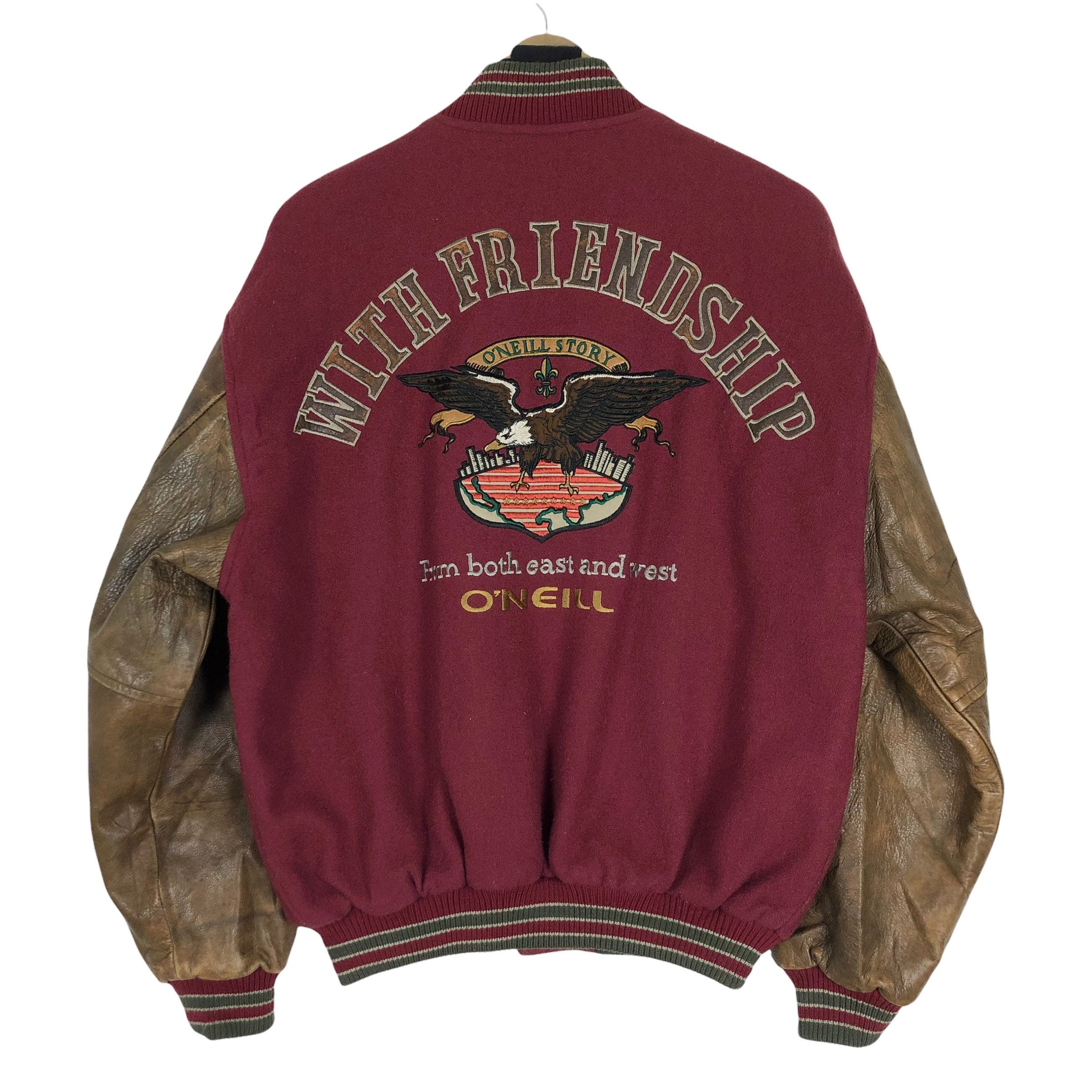 Vintage 90s O'neill Wool Varsity Jacket Leather Sleeves Big Vintage 90s O'neill Wool Varsity Jacket Leather Sleeves Big
